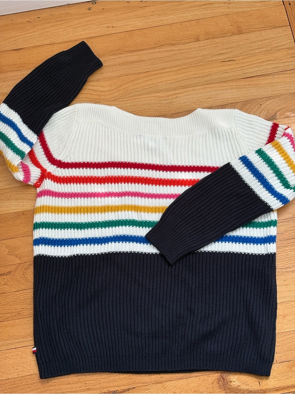 Tommy Hilfiger White, Navy & Rainbow Stripe Cable-Knit Crewneck Sweater - Picture 2 of 4